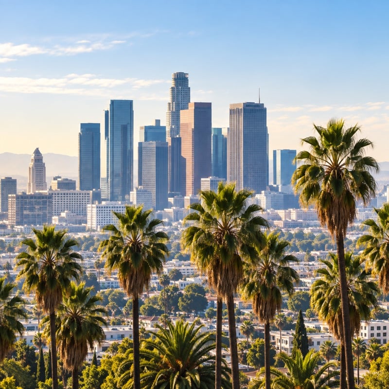 Downtown Los Angeles skyline seen through palm trees