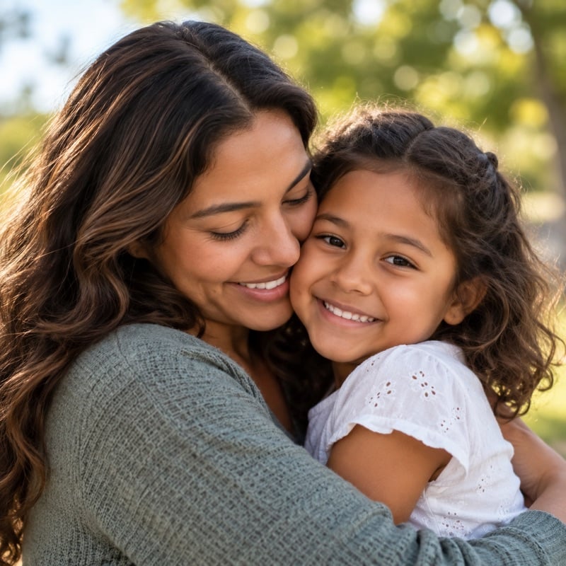 A mother embracing her daughter outdoors