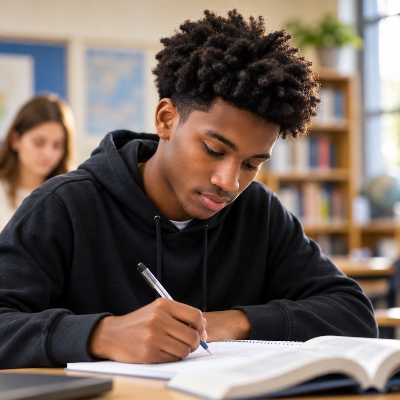 A student writing in a notebook